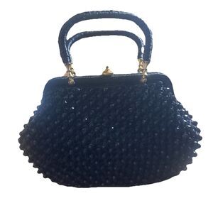 Vtg Strawbridge & Clothier Italy Handbag Black Straw Beaded Gold Hardware a25